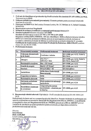Declaratie de Performanta EN AW-1050A